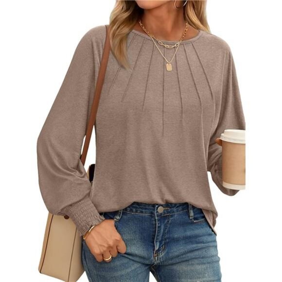 Womens Fall Long Sleeve Shirts Fall Tops Pleated Shirts Loose Dressy - Picture 1 of 7